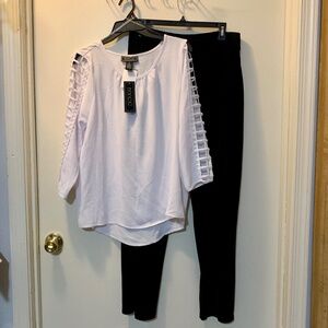 Notations Black Velvet Straight Leg Pants & NYCC White Hi Low Top - Both Size M